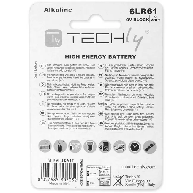 TECHLY BATERIJE 9V LR61 ALKALINE