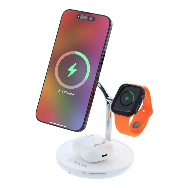TELLUR 3-IN-1 MAGSAFE CERTIFIED WIRELESS DESK CHARGER, 15W, WATCH 2.5W, TWS 5W, WHITE