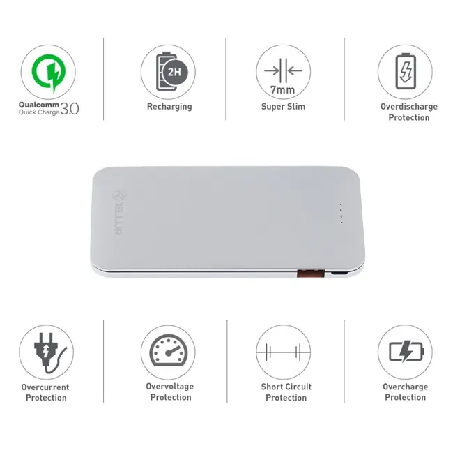 TELLUR POWER BANK QC 3.0 FAST CHARGE, 5000mAh, SILVER